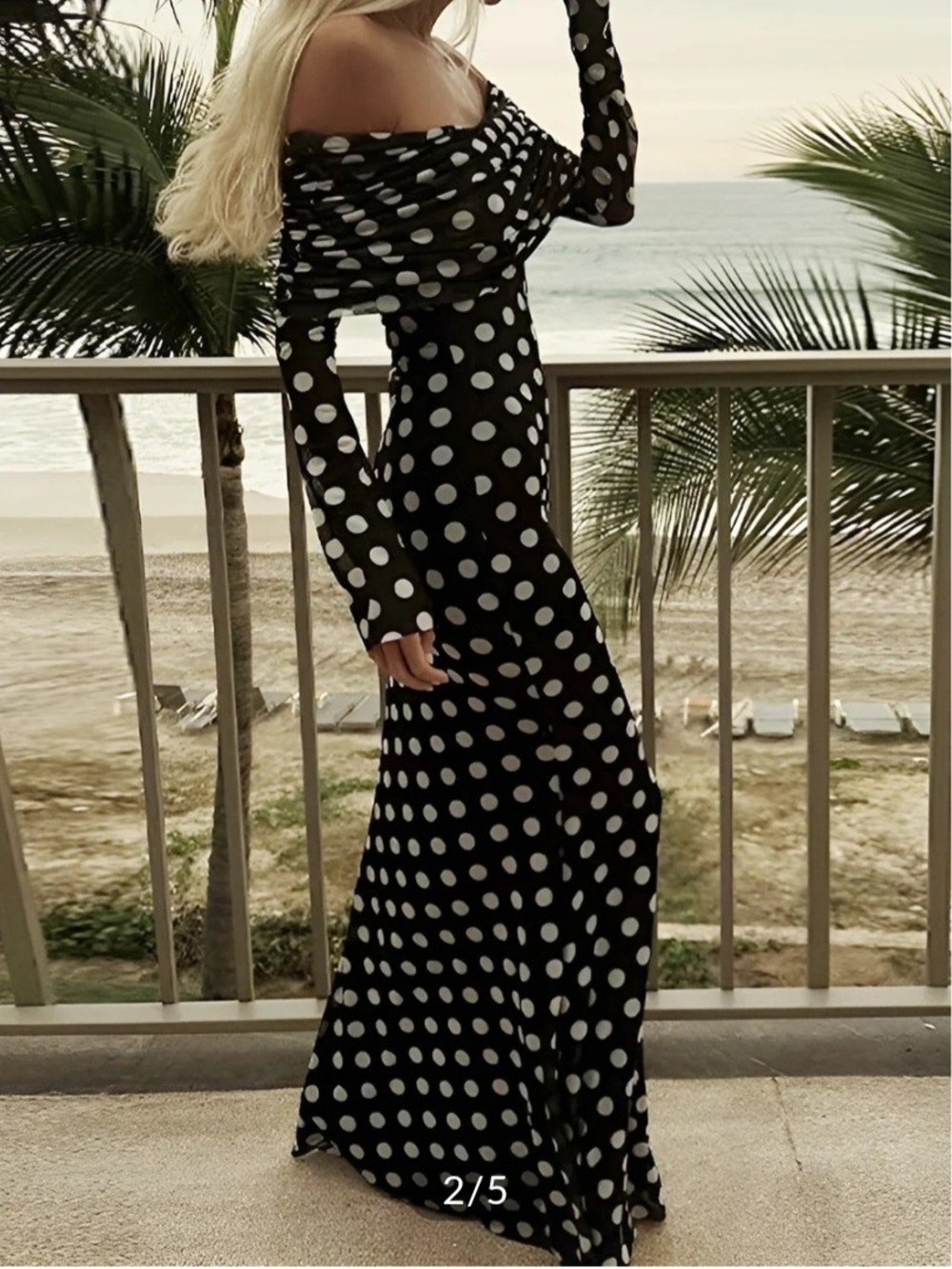 NWT Commense Long Sleeve Off-Shoulder Polka Dot Print Long Dress, XS